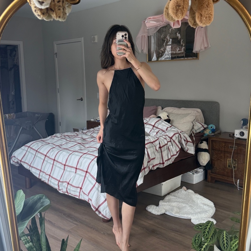 NWT Cami NYC black silk halter rhinestone trim embellished open back midi dress